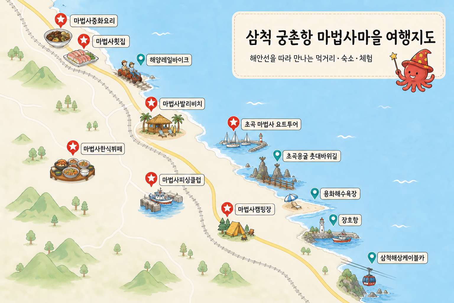 삼척 해안선을 따라 마법사마을 업체와 주변 관광지를 표시한 여행지도